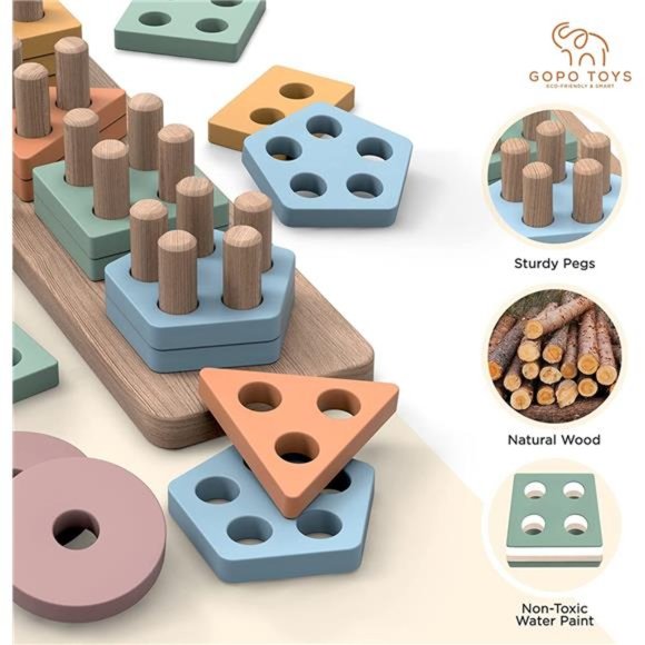 Montessori Toys for 18+ Months Old - Toddlers Wooden Sorting and Stacking Toys - Picture 4 of 6